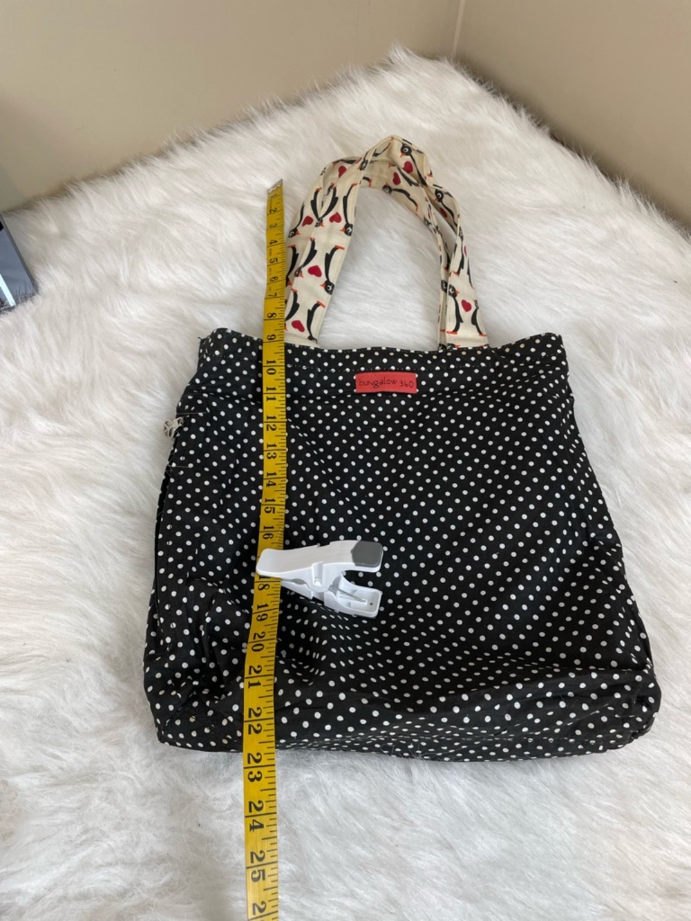Bungalow 360 Penguin Print Canvas Tote Bag in Cream and Black with Red Accents - Picture 8 of 11